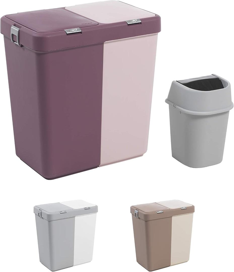 Mabel Home Plastic Laundry Hamper with Lid, 2 sections, Large Laundry Basket Extra Trash Bin (1,6 Gallons) inc. (Pink-Purple)