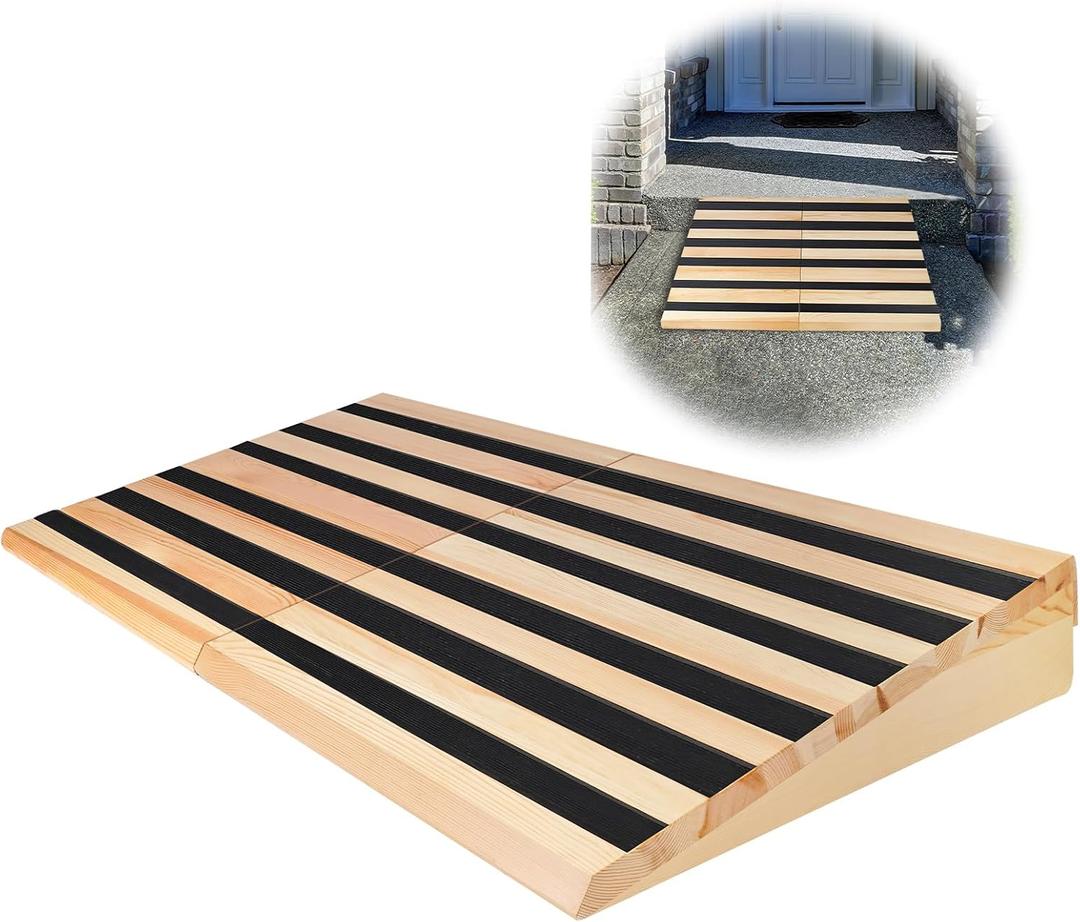 Wooden Threshold Ramp for Home Steps, 5" Rise Doorway Ramp for Wheelchair/Walker/Cart/Scooter, Multipurpose Door Ramp with Non-Slip Stripes(35.4" W*5.0" H, Solid Wood, 800LBs Capacity)