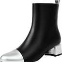 Mofirdast Womens Ankle Chunky Low Heels Boots Round Cap Toe Two-tone Color Blocking Booties Side Zipper Mid calf Boots (6.5, Black+sliver)