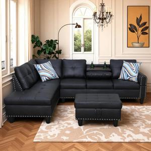 Leather Sectional Sofa with Movable Chaise & Storage Ottoman, 3-Piece Modular Convertible L-Shaped Couches for Living Room, Apartment & Office, Black
