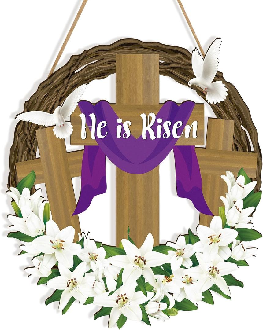 He is Risen Easter Decor, Wooden Religious Easter Wreaths for Front Door, Christian Easter Cross Flowers Sign Door Hanger for Spring Home Porch Wall Farmhouse Party Indoor Outdoor Hanging Decorations