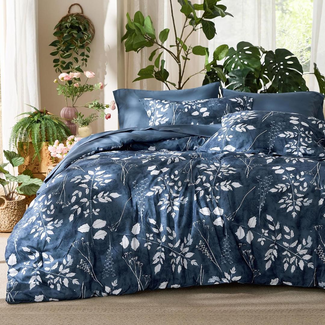 Bedsure Queen Comforter Set - 7 Pieces Floral Navy Soft Bedding Sets, Queen Bed in a Bag with Botanical Flowers Comforter, Sheets, Pillowcases & Shams