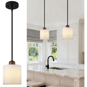 5.9" Drum Pendant Light with White Fabric Shade Modern Hanging Pendant Light Fixture| Adjustable Semi Flush Mount Kitchen Island Dining Room Bedroom Black 2 Pack