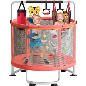 60'' Indoor Outdoor Rebounder Trampoline for Kids, 5 FT Recreational Toddler Trampoline with Safety Enclosure Net Gifts with Basketball Hoop Dartboard Ocean Bal (Pink)