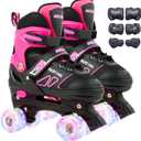 Kids Roller Skates with 6 Protection Pads, Adjustable Size Roller Skates for Kids Beginner, Toddlers Roller Skate with 8 Light Up Wheels,Outdoor Roller Skates for Boys and Girls Ages 3-12 (Large, PINK)
