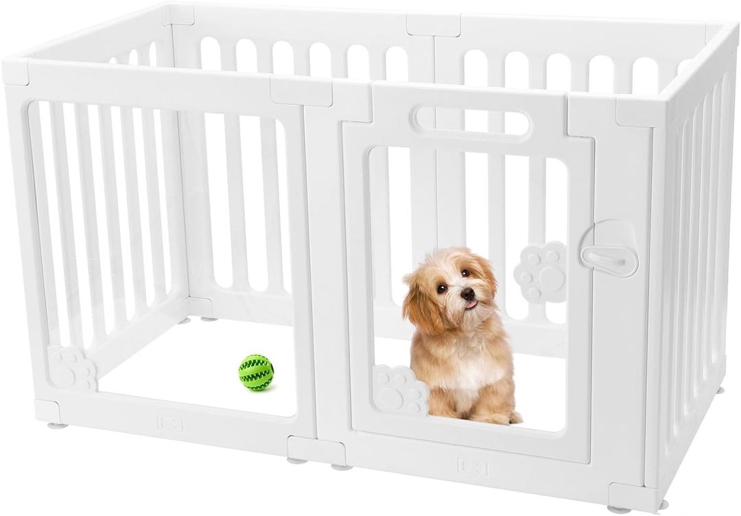 Clear Acrylic Dog Fence Pet Playpen Puppy Cat Small Play Pen Indoor Outdoor Whelping Box for Dogs with Gate (4 Plastic Panels+2 Transparent Panels)