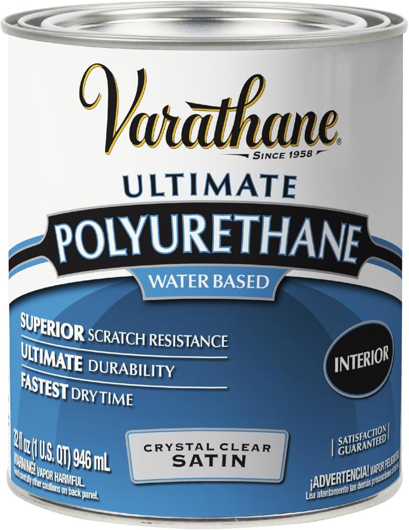 Varathane Water-Based Crystal-Clear Ultimate Polyurethane | Interior Wood Protection | Fast Dry Time | Easy Clean Up | Satin | Quart