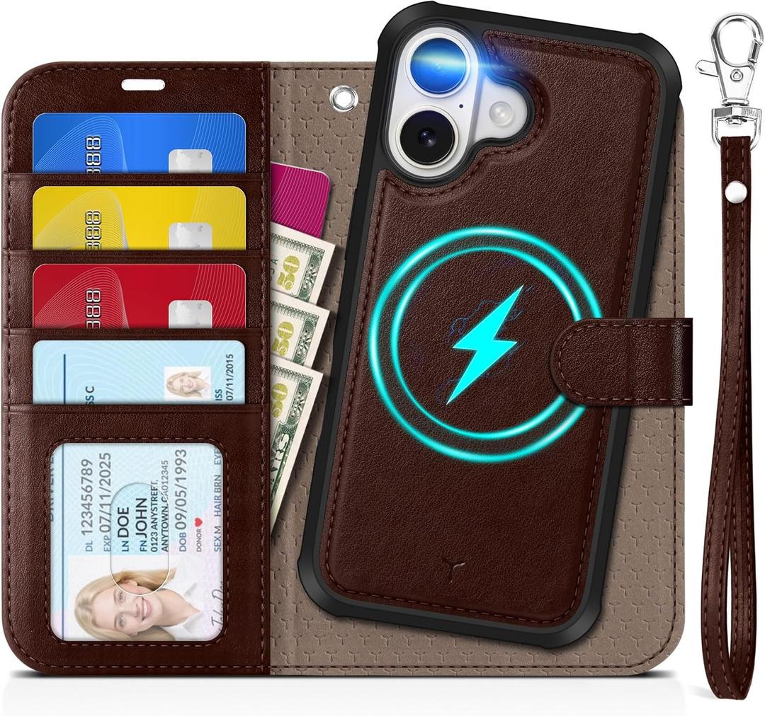 TUCCH 2-in-1 Detachable Wallet Case for iPhone 17 (6.3-inch) 2025, Wireless Charging | RFID Blocking 4 Card Holders | Wrist Strap | Kickstand | Magnetic | PU Leather Folio Cover | Chocolate Brown
