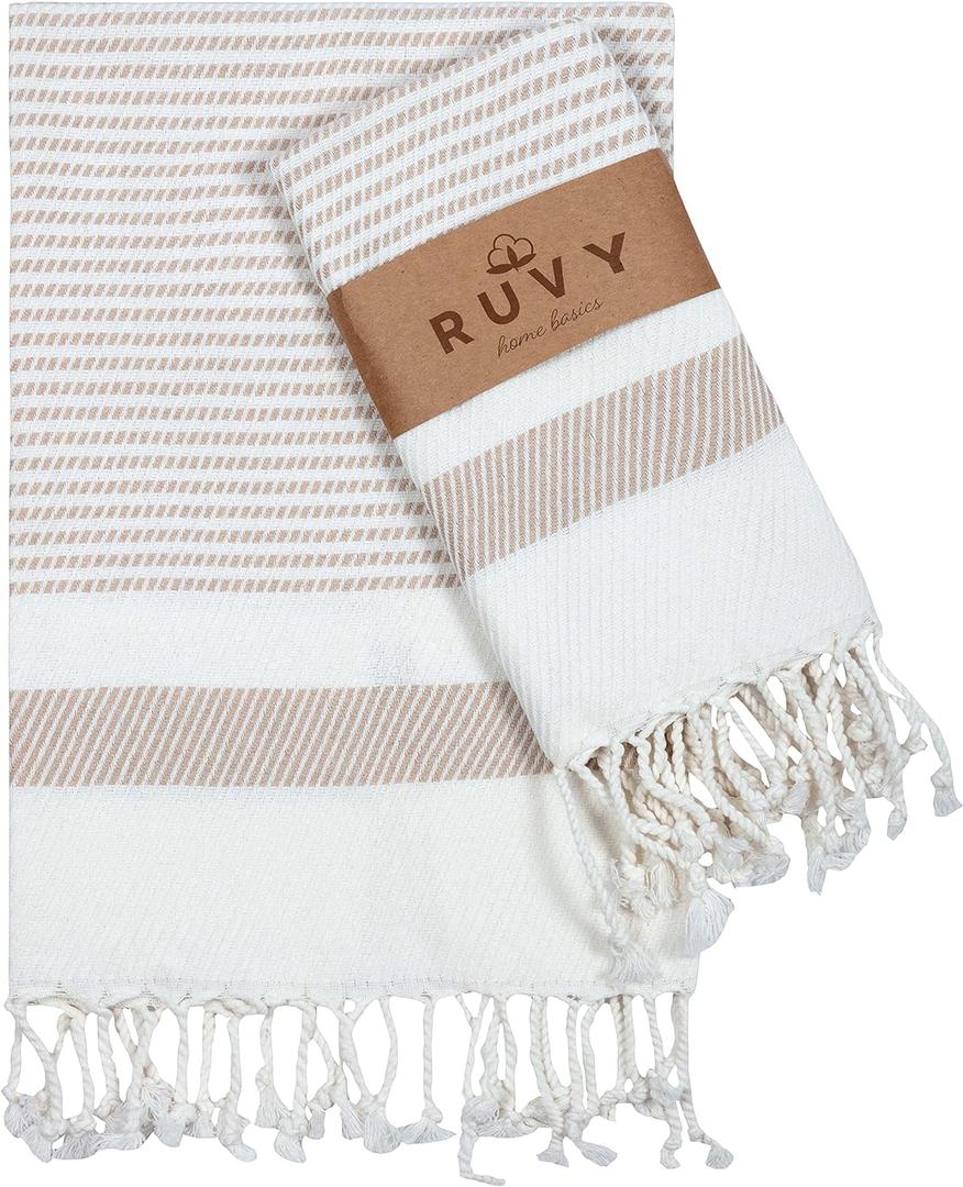 Ruvy Home Basics Turkish Hand Towels for Bathroom Set of 2 | 18"x40", Cotton | Decorative Towel for Bathroom, Kitchen, Dishcloth, Tea, Yoga, Face, Gym - Beige (Modern - 2 Pack)