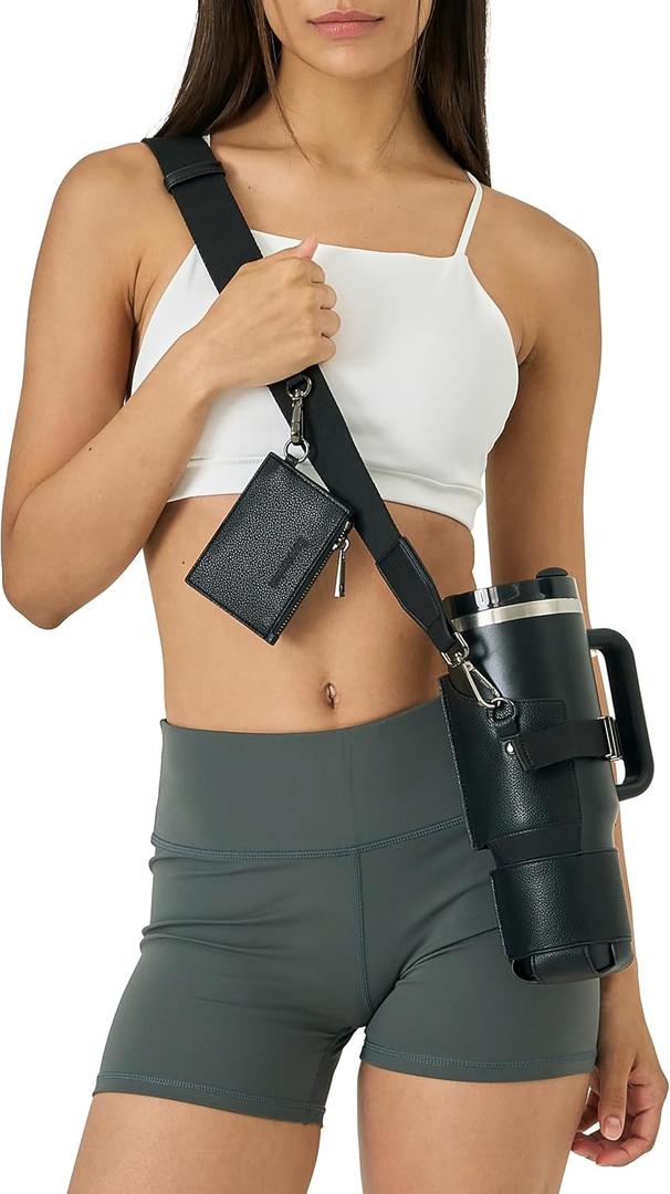 Premium Water Bottle Carrier Bag for Stanley 40oz & Simple Modern 40oz - PU Leather Water Bottle Holder with Adjustable Strap - Includes Card Holder & Keyring for Stanley Cup Accessories (Black)