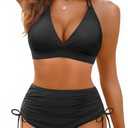 Women High Waisted Bikini Set - Two Piece Swimsuit Tummy Control Bathing Suit Halter Push Up 2025 Swimwear (Medium, Black)