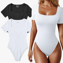 OQQ Women's 2 Piece Bodysuits Sexy Ribbed One Piece Square Neck Short Sleeve Bodysuits,
Color: Black White, Size: XL
