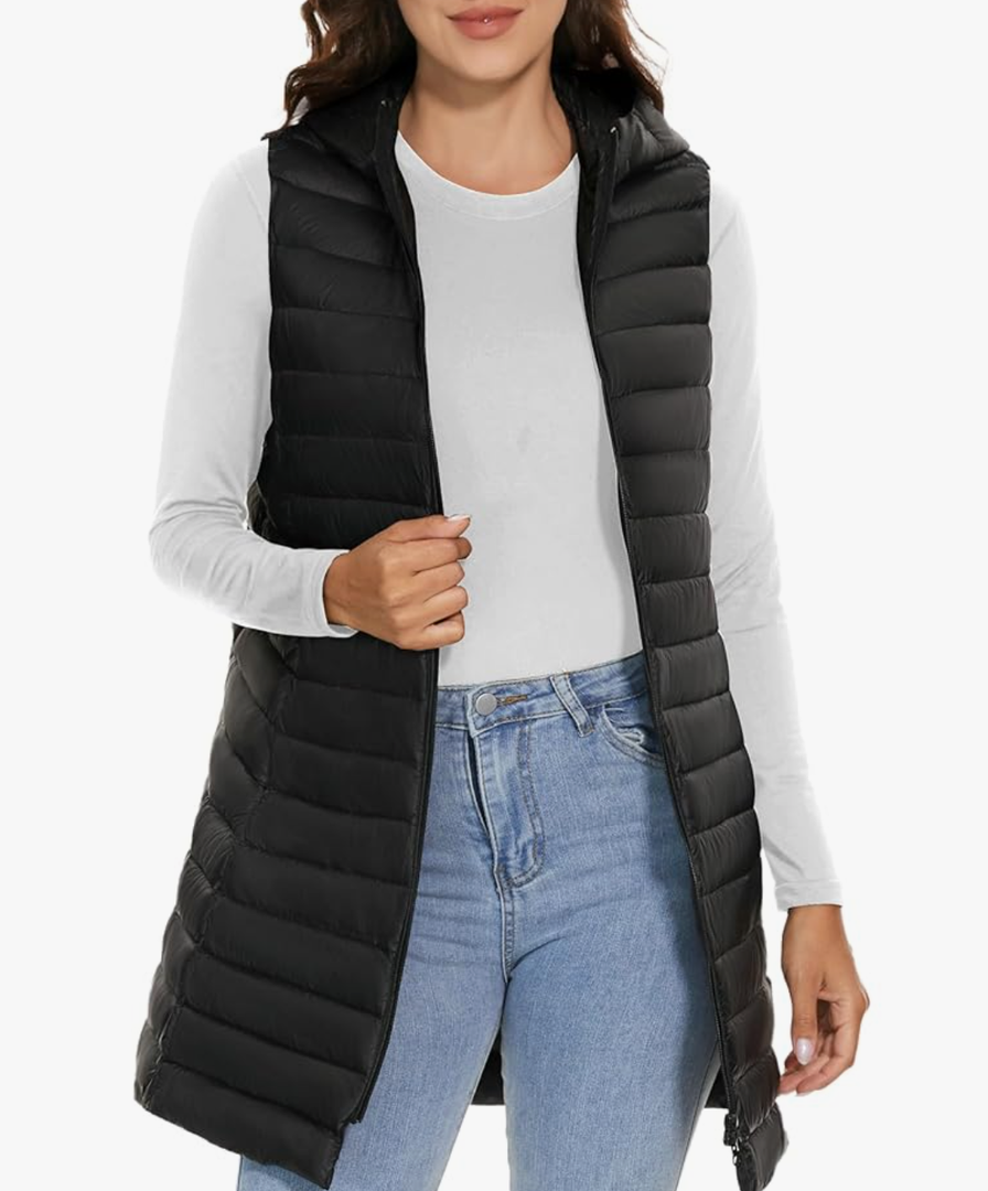 ELFJOY Long Puffer Vest Women Lightweight Down Vest with Hood Winter Warm Womens Vests Outerwear Sleeveless Puffer Jacket,S