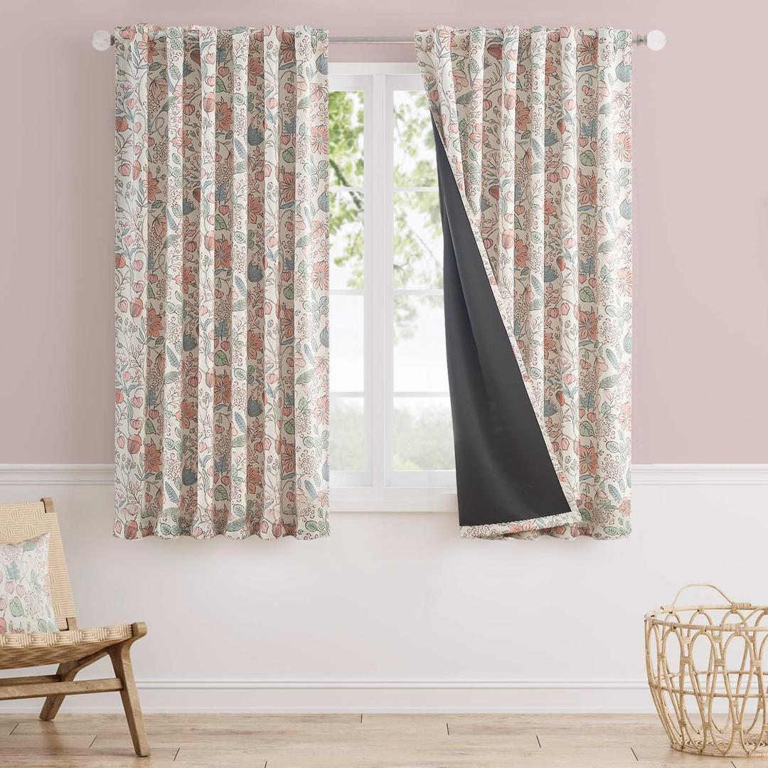 Vangao Pink Nursery Curtains for Girls Room Floral Blackout Curtains 63 Inch Length Farmhouse Drapes for Bedroom Room Darkening Flower Patterned Window Treatment for Kids Set of 2