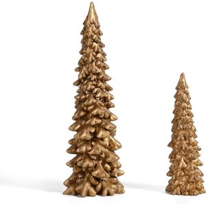 RM ROOMERS Christmas Tree Figurines, 2Pcs Christmas Trees Resin Distressed Gold Table Top, Small Xmas Tree Figurine Set, Decorative Xmas Trees for Rustic Mantle Centerpieces