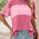 Dokotoo Summer Tops Trendy Oversized 2026 Crewneck Casual Color Block Striped Womens Shirts Blouses (Pink, XXL)