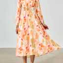 PRETTYGARDEN Women's Floral Midi Dress Casual Fall V Neck Long Sleeve Flowy Spring Beach Wedding Guest Vacation Dresses (Pink, L)