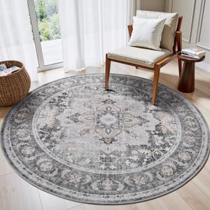 5 ft Round Rugs for Living Room Bedroom Rug Circle Area Rug for Dining Room Table Throw Neutral Vintage Circular Rugs Washable Soft Comfortable Grey