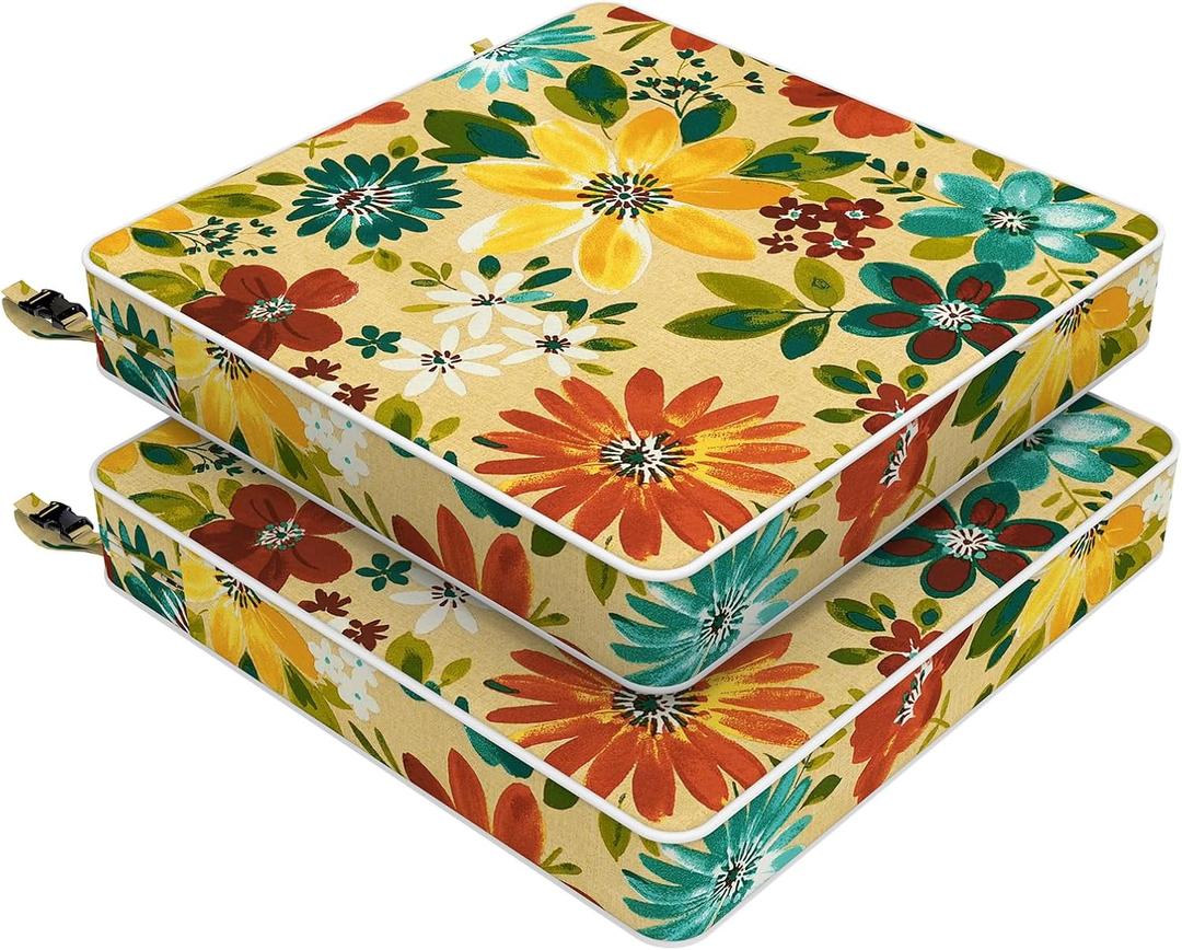 LVTXIII Patio Chair Cushions 19"x19"x3", Water-Repellent Outdoor Seat Cushions for Patio Furniture, Square Chair Pads with Ties for Home Garden Decoration, Set of 2, Floral Multi