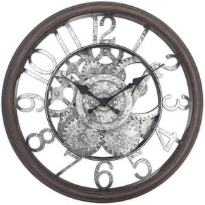 Presentime & Co 12" Farmhouse Gear Clock, Silent no Ticking, Indoor/Outdoor Clock, Weatherproof, Grey Oak and Galvanized Finish. Wall Décor/Outdoor Décor for Living Room, Kitchen, Garden, and Patio
