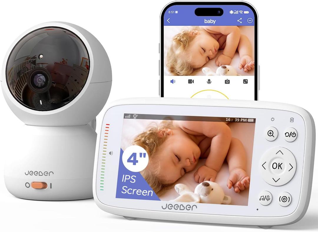 1080P 2.4GHz WiFi Baby Monitor with Camera and Audio, Pan-Tilt-Zoom Video Camera, 4'' IPS Screen, HD Night Vision, Motion & Cry Detection, 360° View, Temperature Sensor, Feeding Reminder