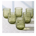 Airsky Set of 6 Olive Green Vintage Drinking Glassware- 12OZ Green Glass Drinking Cups, Thick Farmhouse Drinking Glasses, Embossed Kitchen Glassware for Soda Lemonade Cocktail , Dishwasher Safe