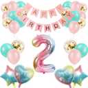 2nd Birthday Decorations for Girls - Gradient Color Age 2 Balloons with Happy Birthday Banner for Baby Showers & Parties