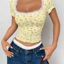 Women Y2k Ditsy Floral Lace Trim Crop Tops Yellow Cute Scoop Neck Tight Fitted Short Sleeve T Shirts Going Out (L)