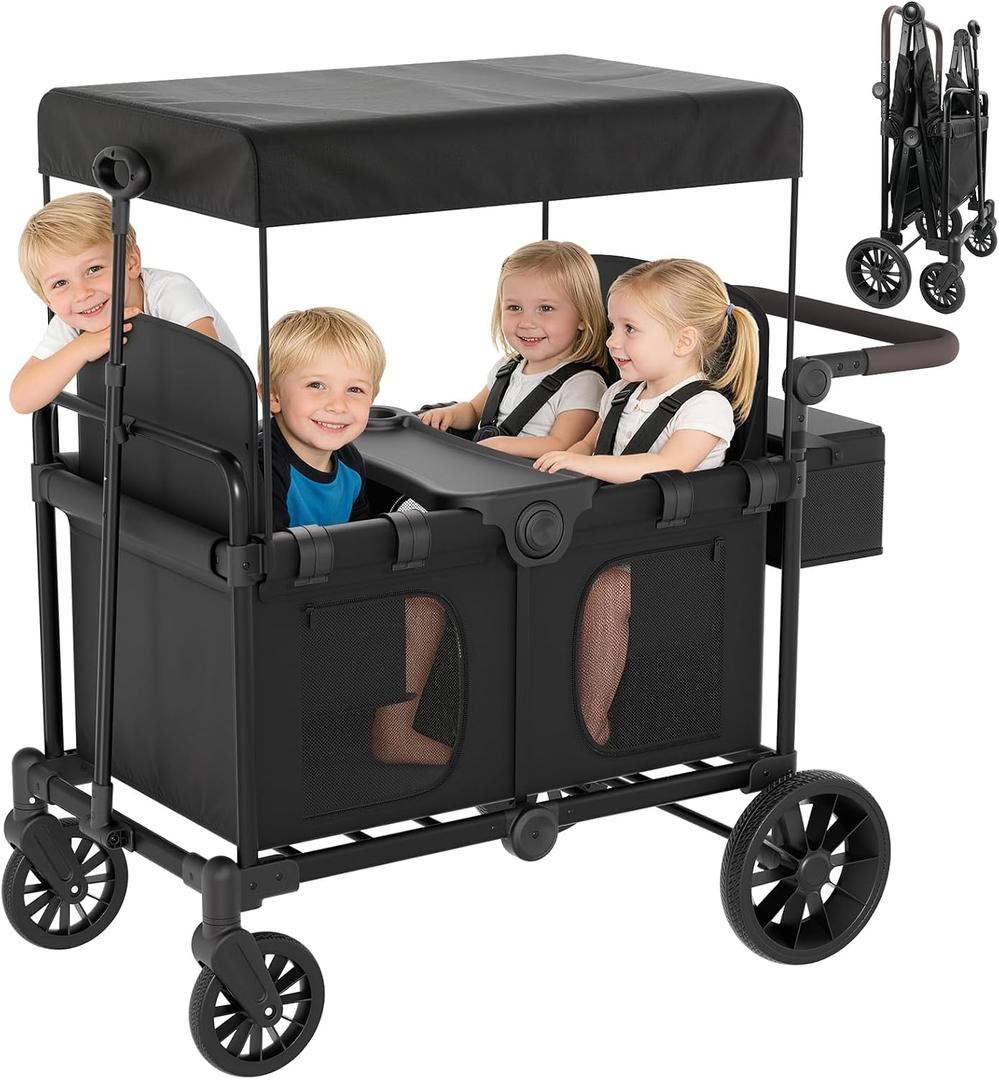 BIERUM 4 Seater Wagon Stroller for Kids, All-Terrain Foldable Cart, 48.8"D x 28.3"W x 48.9"H