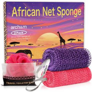 ARCH&M African Net Sponge Authentic 2 Pack - 53" Extra-Long Body Scrubber for Women and Men Daily Use Body Care, Shower Loofah Exfoliating Bath Sponge, Travel Portable Bath Accessories Gifts