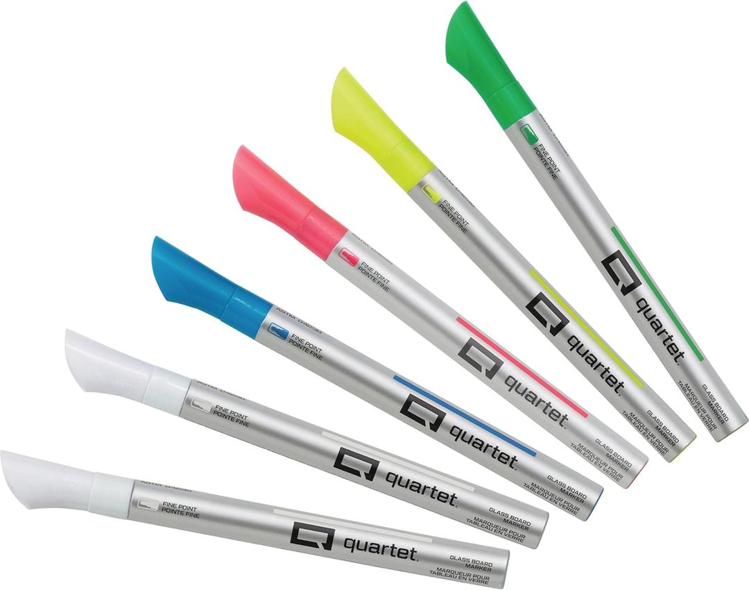 Quartet Glass Dry Erase Markers, Whiteboard Markers, Fine Tip, White and Neon Colors, 6 Pack (79558Q)