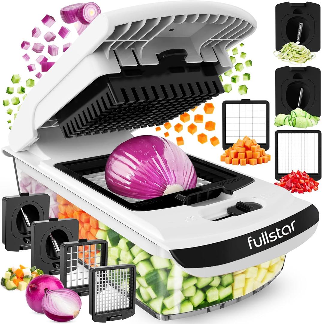 Fullstar Multifunctional Vegetable Slicer and Spiralizer - Cube Cutter - Manual Chopper for Onions, Carrots, Cucumbers, Fried Tomatoes, Potatoes - Kitchen Accessories (PRO 4-in-1, White)