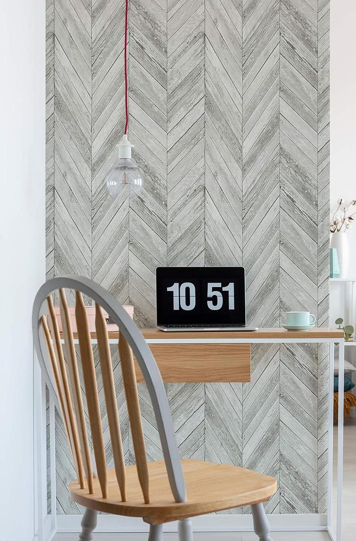 Transform Light Grey Herringbone Wood Peel and Stick Wallpaper, 216"L x 20.5"W, Gray