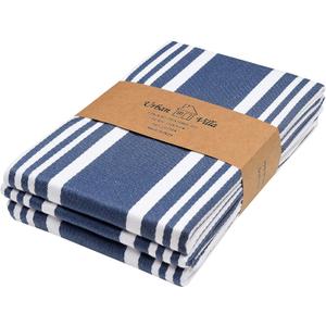 Urban Villa Kitchen Towels 100% Cotton Pack of 3, Highly Absorbent Quick Drying Soft Premium Dish Towels for Kitchen with Hanging Loop Hand & Tea Towels - 20x30 Inch, (Indigo Blue & White, Striped)