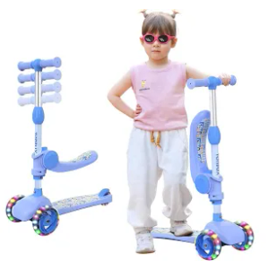 TONBUX Kids Scooter with Seat, 3 Wheels Scooter with PU Luminous Wheels, Non-Slip Handle and Wide Deck, Sensitive Brakes, 4-Level Adjustable Height, Scooters for Kids 2–8 Years