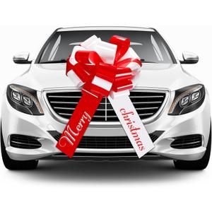 20 Inch Merry Christmas Car Bow Giant Bow for Car Decoration Pull Bow Large Wrapping Car Ribbon Bow for Christmas Birthday Graduation Party Car Decorations Decoration (Red, White)