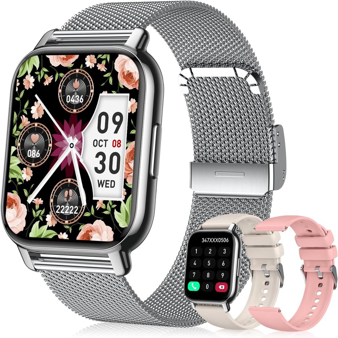 Smart Watch for Women(3 Bands), Smartwatch Fitness Tracker with Bluetooth Calls & AI Voice Control, 1.85 HD Screen, Heart Rate/SpO2 Monitor, Sleep Tracker, Compatible with Android iOS (Silver)