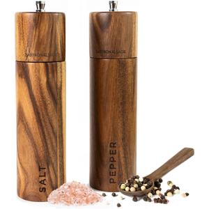 Saffron & Sage Premium Acacia Wood Salt and Pepper Grinder Set of 2-8 Tall Salt and Peppercorn Mill with Adjustable Coarse Settings, Rust Resistant, Smooth and Quality Grinding Mechanism