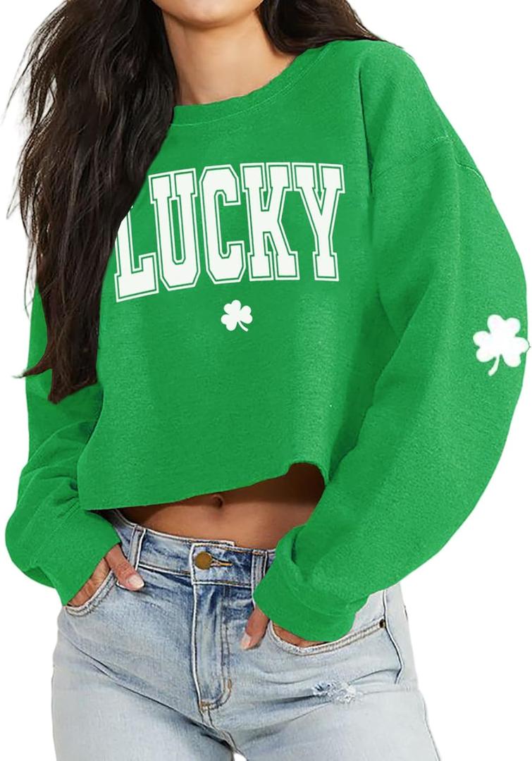 St Patrick's Day Crop Tops for Women Irish Shamrock Graphic Shirt Funny Lucky Clover Long Sleeve T-Shirt Tops (Green-1), Size Medium