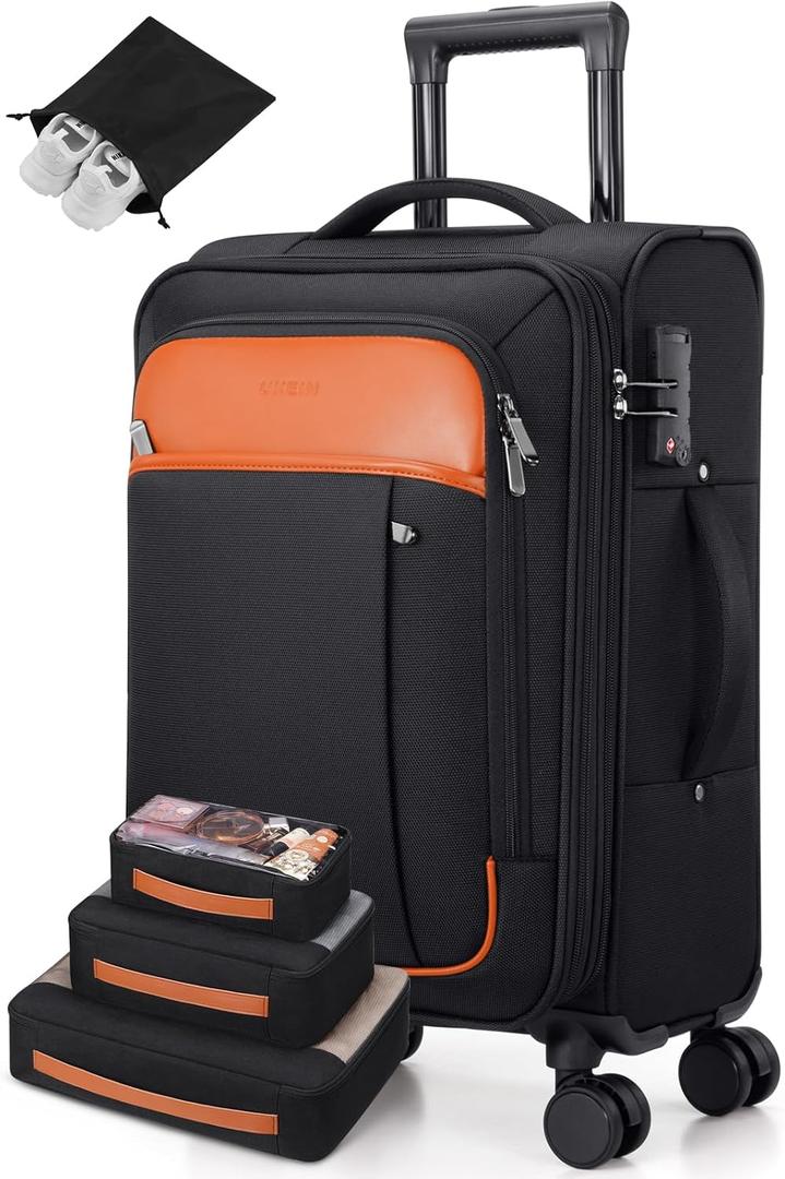 Softside Expandable Carry On Luggage, 20in Carry on Suitcase with Wheels | 22x14x9 Airline Approved Luggage with TSA Lock/Front-Access 15.6in Device Compartment/4 Packing Bags For Travel Business Trip