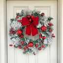 Christmas Wreath with LED Lights, Flocked Pine with Red Ornaments, Snow White and Green, 12 Inch, Indoor Outdoor Holiday Door Decor (1)