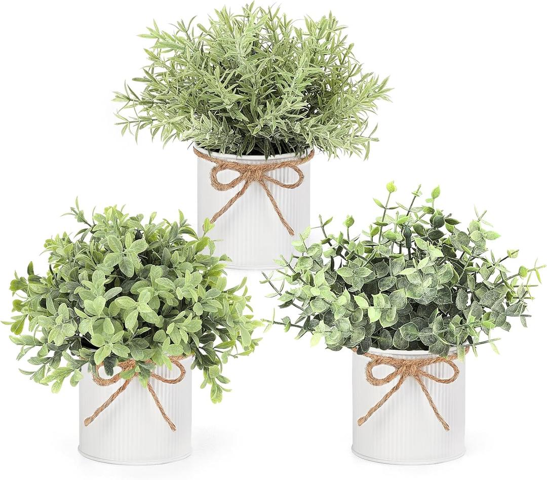 Mkono Fake Plants in Farmhouse Galvanized Metal Pots Table Centerpiece Rustic Home Decor, 3 Pack Potted Artificial Plants Faux Eucalyptus for Shelf Indoor Dining Room Office (White)