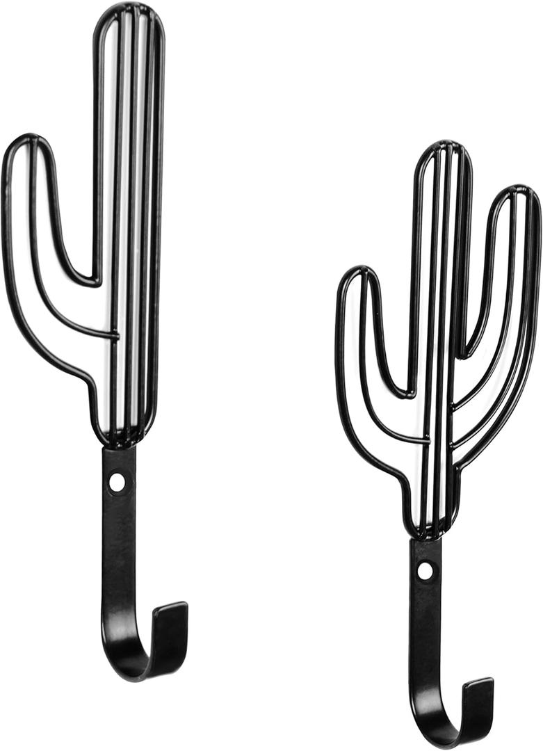 MyGift Wall Mounted Modern Black Metal Coat Hooks with Wire Saguaro Cactus Matching Shapes for Hanging Hats Coats Towels Leashes Keys, 2 Piece Set