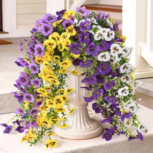 4 x Artificial Flowers for Outdoors, 4 Pcs Fake Hanging Plants UV Resistant | Faux Silk Pansy, Front Door Porch Planter, Patio Yard Garden Balcony, No Fade, Spring Summer Decor, Purple Yellow White