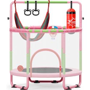 Yohood 55" Trampoline for Kids with Enclosure, 6-in-1 Toddler Trampoline Indoor Outdoor, Upgrade Full Anti-Rust Tube with Adjustable Gymnastics Bars for Boys Girls (Pink)