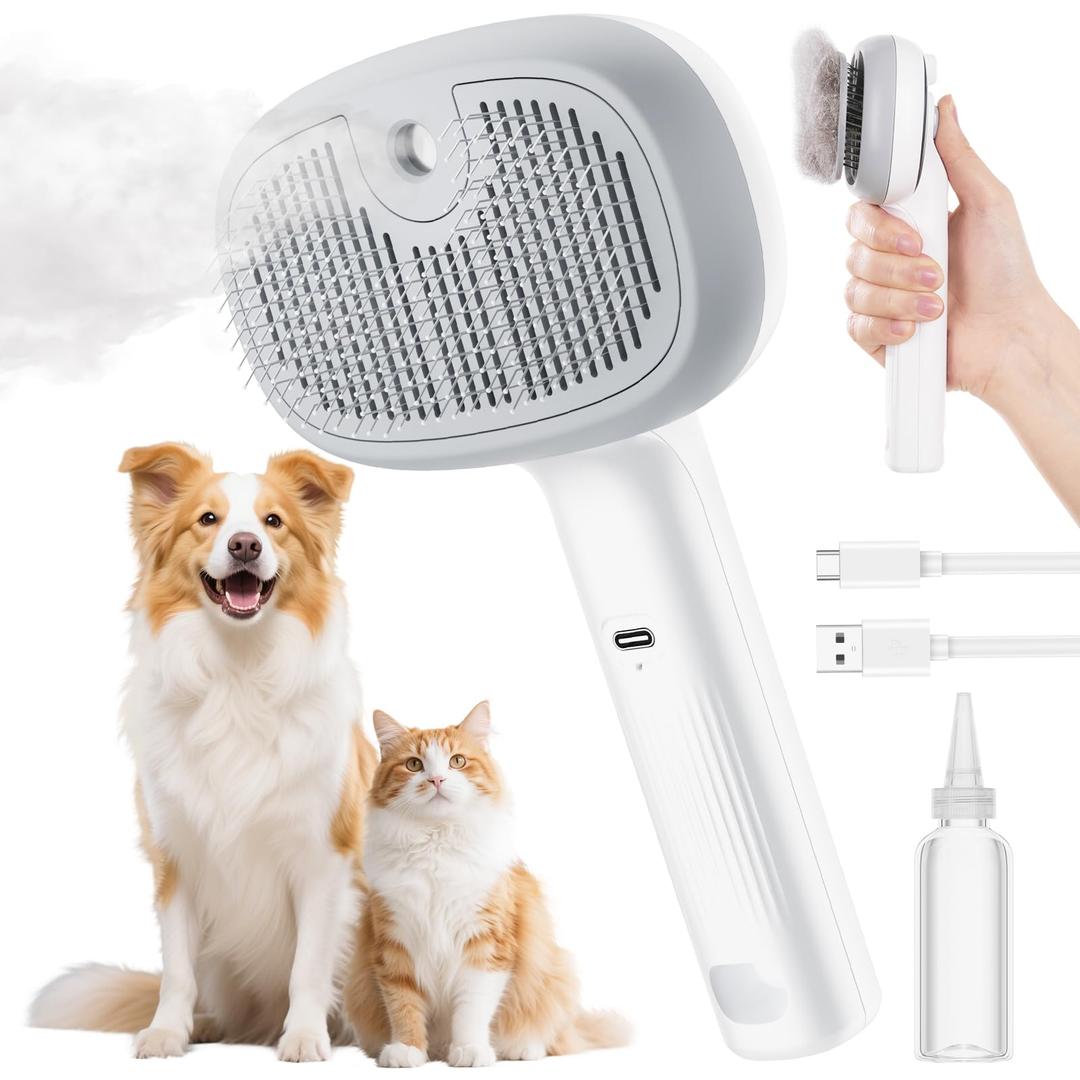Pecute Steam Cat Brush, Self-Cleaning Cat Steam Brush with 2 Water Spray Modes, Large Capacity Tank, Dog Brush for Shedding Massaging Grooming, Cool Mist Only, White