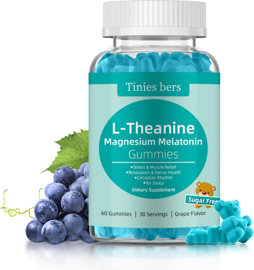 L-Theanine Gummies 400mg, Magnesium Glycinate 400mg, Melatonin 10mg, High Dose for Adults Stress & Muscle Relief, Sleep, Circadian Rhythm, Non GMO, Gluten Free, Vegan, Sugar Free, Grape, 60