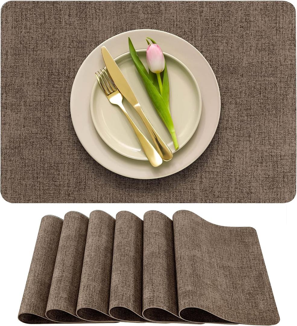 More Dcor Faux Leather Placemats Set of 6 for Dining Table Waterproof, Wipeable, Washable, Stain & Heat Resistant, Non-Slip Table Mats 12 X 17 Inch, Brown