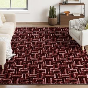 Eleisa Modern Abstract 10x14 Area Rug, High-Density Non-Slip Stain Resistant Washable Rug, Dark Red Large Rug for Living Room, Abstract Vintage Carpet for Bedroom, Kitchen, Dining Room, Home Office