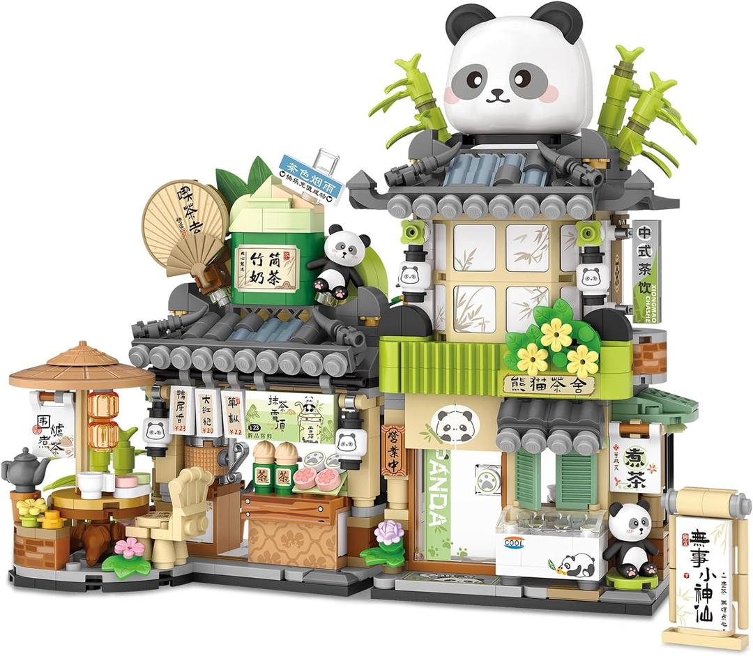 Street View Tea Shop Mini Building Blocks, MOC Creative Building Toys Cute Panda Animals Building Set for Girls 6-12, Simulation Architecture Construction Toy, Gift Idea for Kids Adults (860PCS)